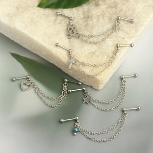 Silver stainless steel chain industrial piercings with moon, heart, and cross charms