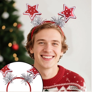 Close-up of red star Christmas headband worn by a smiling male model for festive party decor