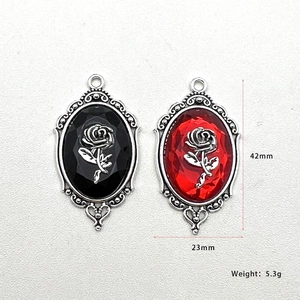 Gothic rose cameo pendants in black and red with vintage silver-plated hollow frames