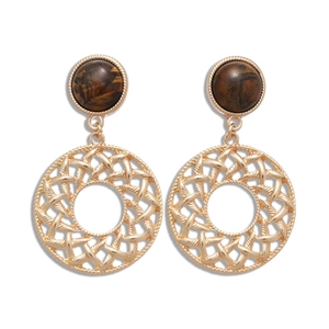 Vintage gold tiger eye earrings with hollow woven circular drops for women