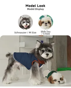 Detail view of contrast collar pet cotton jackets showing S and M sizes for small dogs