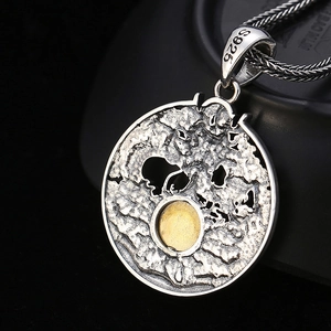 S925 sterling silver vintage dragon medallion necklace with embossed tree and gold center