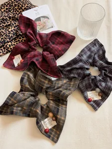 Plaid checkered scrunchies with Happy Smile label and bead charms in three autumn colors
