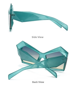Detailed side and back views of avant-garde geometric mint green sunglasses with grey lenses