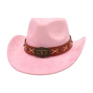Rosa Westernhut aus Wildleder mit Lederband, Stierkopf-Ornament und Nieten für Damen