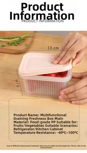 Close-up of food-grade PP drainage box showing size and temperature resistance detail