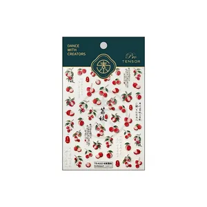 Chinese style lychee nail art stickers TS-4162 with red fruit and embossed green leaf