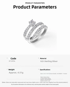 Macro shot of S925 sterling silver bridal set with cubic zirconia and ring specifications