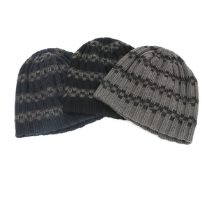 Winter striped knit beanie set for men in black, navy, and grey for outdoor warmth