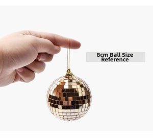Detailed scale view of 8cm golden disco mirror ball ornament for Christmas trees