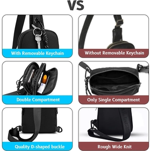 Detail view of mini crossbody bag with double layers and detachable keychain feature