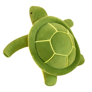 Realistic green sea turtle plush toy made of soft short plush fabric on white background