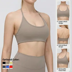 Soutien-gorge sport yoga licou taupe avec dos nu évidé et coussinets amovibles