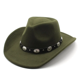 Macro shot of dark olive wool felt fedora with black leather belt and silver metal studs