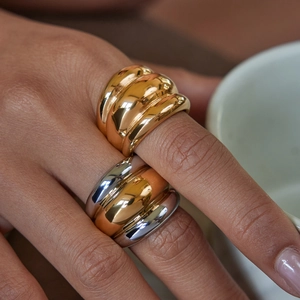 Two-tone chunky ribbed 18k gold-plated stainless steel statement rings for women