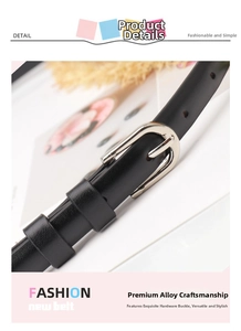 Close-up of black leather slim belt featuring a silver D-shaped alloy pin buckle detail
