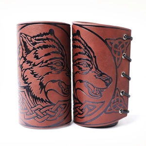 Brown Viking PU leather wrist bracers with embossed wolf head and Celtic knot patterns
