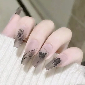 Press On Nails Long Coffin Smoky Grey Gradient Butterfly Rose Pattern Vintage Chinese Style Dark Aesthetic