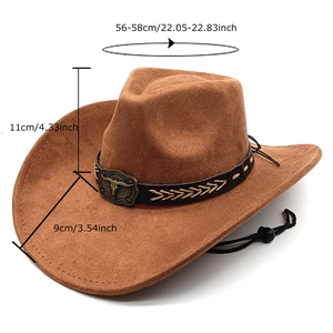 Brauner Western-Cowboyhut aus Wildlederimitat mit Lederband und Maßen für Damen und Herren