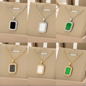 Titanium Steel Rhinestone Geometric Square Pendant Necklace Women Minimalist Gold Silver Plated Clavicle Chain Jewelry