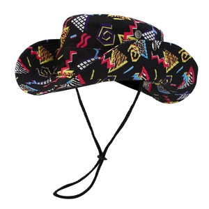 Western wide-brim sun hat with colorful geometric prints and adjustable chin strap