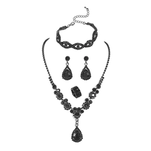 Set gioielli da sposa vintage elegante con collana orecchini e anello di strass neri