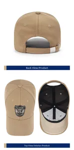 Detail view of khaki baseball cap featuring metal buckle, crown, and inner lining structure