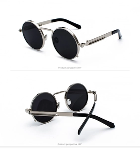 Detail view of silver steampunk sunglasses with spring temples and black lenses