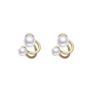 Elegant 925 silver needle pearl earrings with double circle spiral gold design