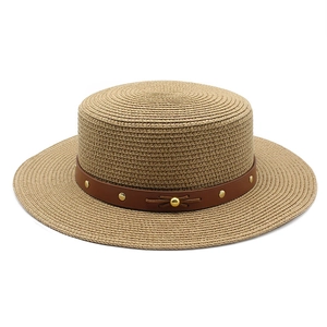 Chapeau Boater Vintage Été Paille Chapeau De Soleil Plat Avec Bande De Rivets En Similicuir Respirant Plage Voyage Femmes Hommes