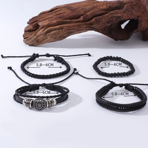 Men's black woven leather bracelet set with sunflower metal charms and beaded strands