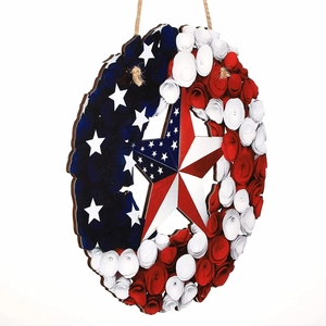Detail of 4th of July Independence Day wooden wreath with American flag star and flowers