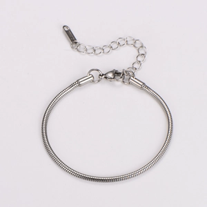 Detail view of silver snake chain bracelet with stainless steel hallmark and lobster clasp