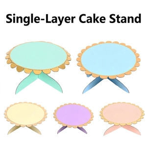 Single Tier Cake Stand Cardboard Dessert Display Round Scalloped Gold Edge Foldable For Wedding Birthday Party
