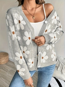 Cárdigan de punto con cuello en V para mujer con estampado de margaritas grises y blancas