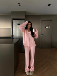 Pink V-neck knit cardigan and high-waist straight-leg trousers two-piece loungewear set