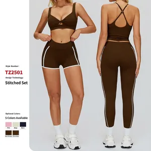 Ensemble de Yoga pour Femmes avec Liseré Contrasté et Dos Découpé Ensemble Top et Bottom Sport Nylon Élasthanne Fitness