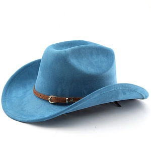 Chapeau de cow-boy en feutre bleu avec ceinture en cuir marron et larges bords mixte