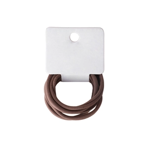 Six-piece set of brown elastic hair scrunchies on card display with fiber texture details