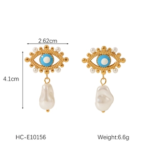 Detailed size view of 18k gold evil eye earrings with blue enamel and pearls
