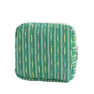 Large capacity striped woven cosmetic bag with green and colorful rainbow patterns