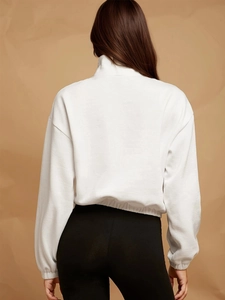 Relaxed fit white pullover hoodie with half-zipper and drop shoulder back view