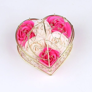 Pink and white soap roses in a gold heart shaped wire basket for Mother's Day gifts
