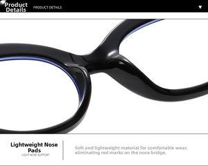 Macro shot of lightweight integrated nose pads on black oval eyeglasses frames