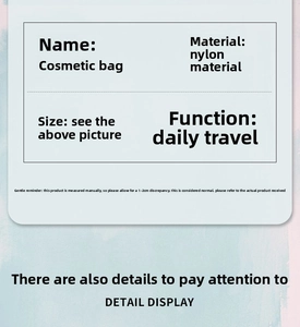Detail display of nylon cosmetic bag specifications for daily travel and storage
