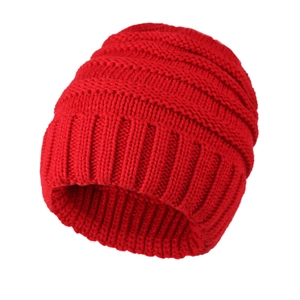 Fashionable red knitted beanie hat with wide ribbed cuff and textured wave pattern for winter