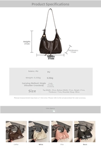 Detailed size specifications and material chart for the pleated large capacity PU tote bag