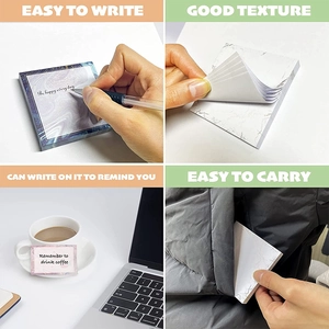 Adhesive marble sticky notes set featuring four panels showing texture and portability