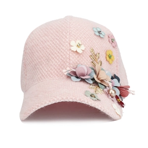 Casquette de baseball en laine rose avec fleurs 3D faites main et perles pour femme