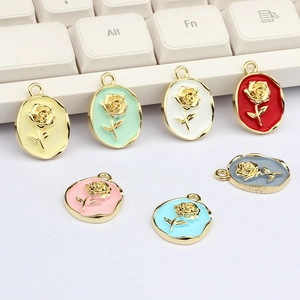 Alloy Enamel Rose Flower Oval Pendants Charms For DIY Jewelry Making Necklaces Earrings Bracelets